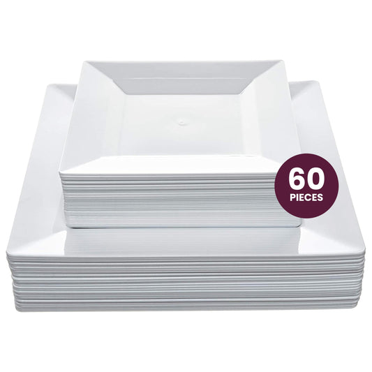 Aya's 60ct White Square Disposable Plates - Heavy Duty Plastic Party Plates for Christmas, Thanksgiving (30 Dinner & 30 Salad)