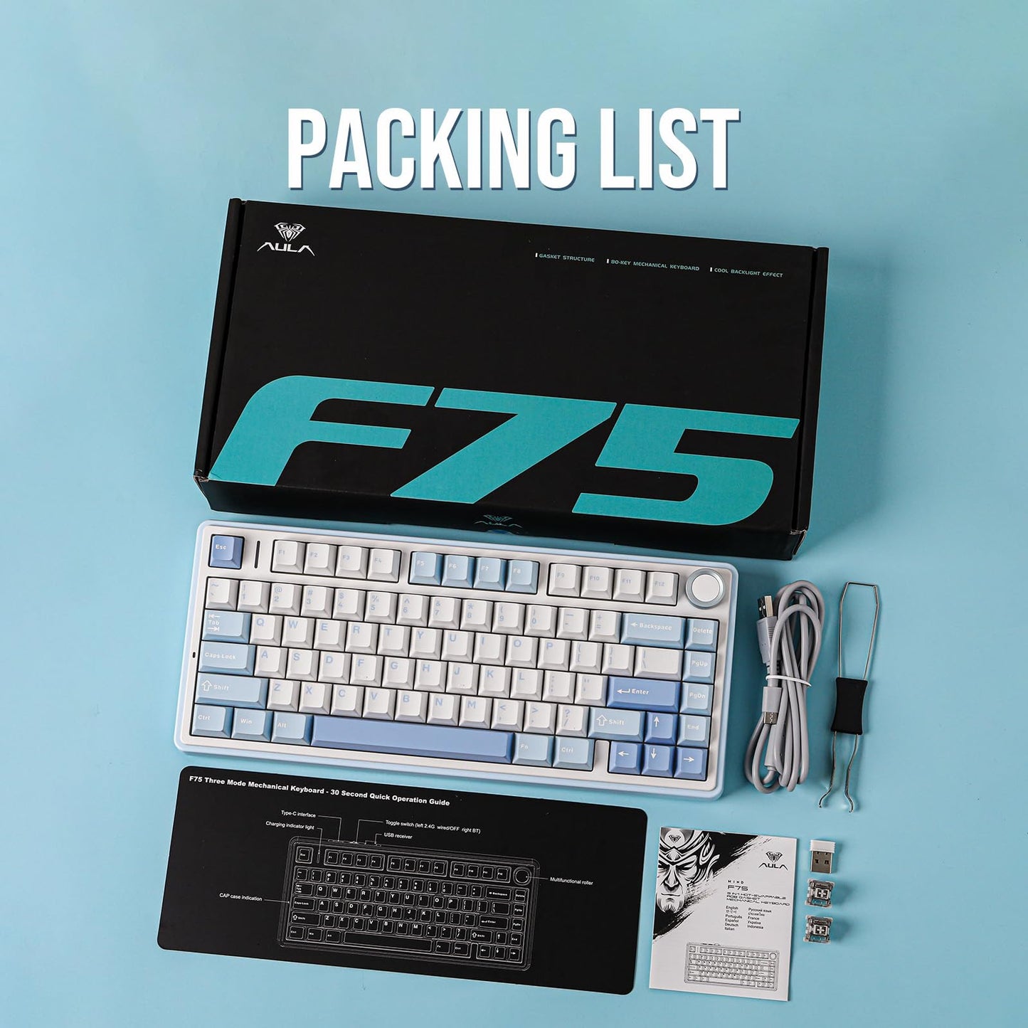 EPOMAKER AULA F75 Wireless Mechanical Gaming Keyboard, 75% Layout with Knob, Creamy Gasekt-Mount with Sound-Dampening, RGB, Hot-Swap, Bluetooth/2.4Ghz (Sea Salt Blue, Ice Vein Switch)