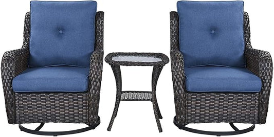 Rilyson Wicker Rocking Chair Swivel Chairs - 3 Piece Rocker Patio Furniture Set Rattan Rocking Bistro Sets with Glass Top Side Table for Outdoor Porch Deck Garden Backyard (Brown/Blue)