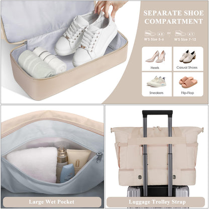 ETRONIK Gym Bag Womens, Travel Duffel Bag, Easyjet Cabin Bag 45x36x20 Underseat, Weekend Bag with Shoes Compartment, Hospital Bag with Wet Pocket & USB Charging Port, Overnight Sports Bag, Khaki