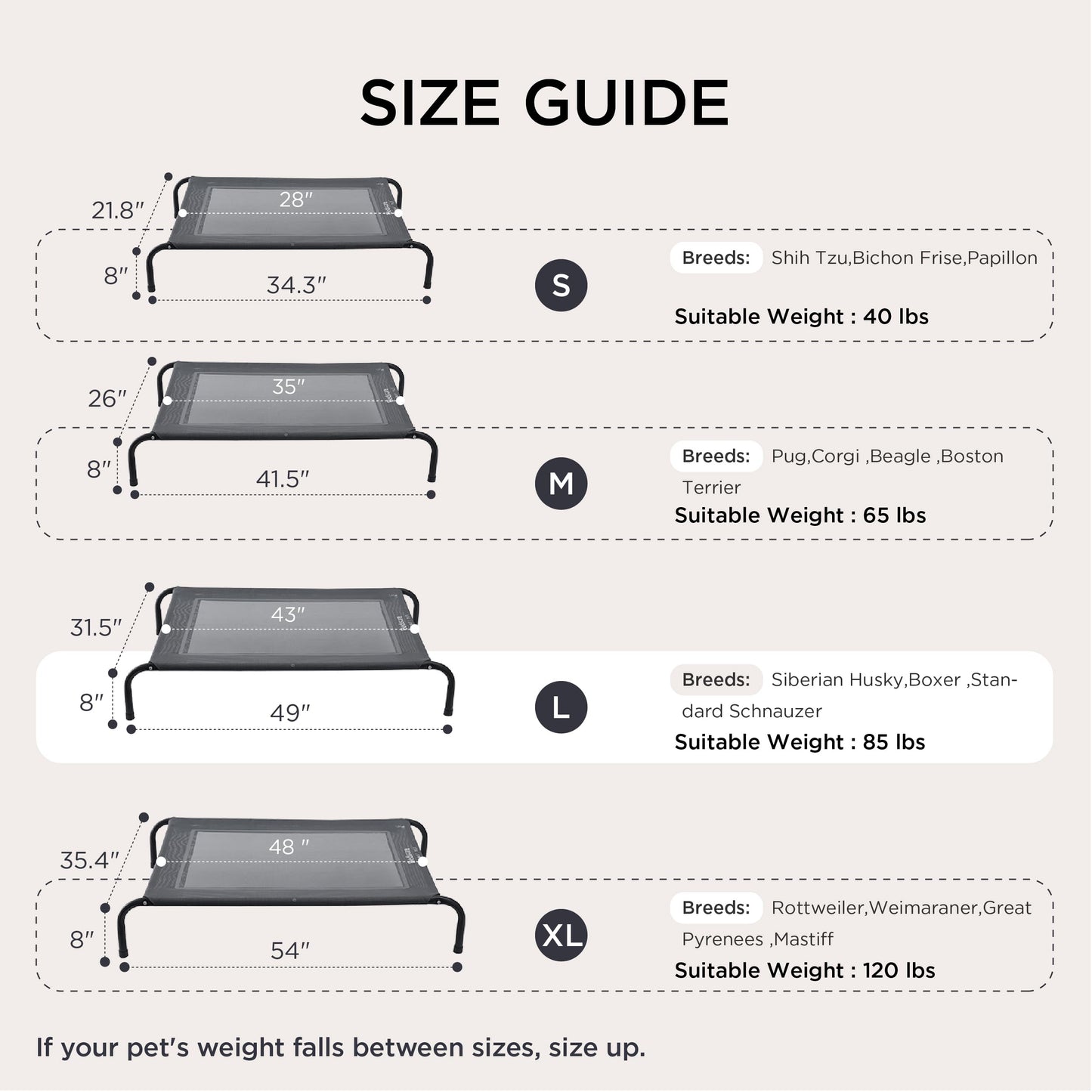 Bedsure Outdoor Elevated Dog Bed Large Sized Dog, Portable Indoor & Outdoor Cooling Raised Cot Pet Hammock Bed with Skid-Resistant Feet, Frame with Breathable Mesh, Grey, 49 inches