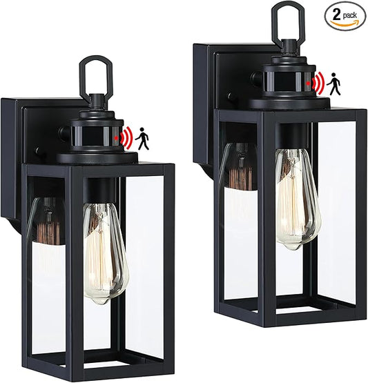 GRUENLICH Dusk to Dawn Outdoor Wall Lantern, PIR Motion Sensor Wall Sconce, E26 Base Max 60W, Metal Housing Plus Glass, Matte Black Finish, Bulb Not Included, 2-Pack
