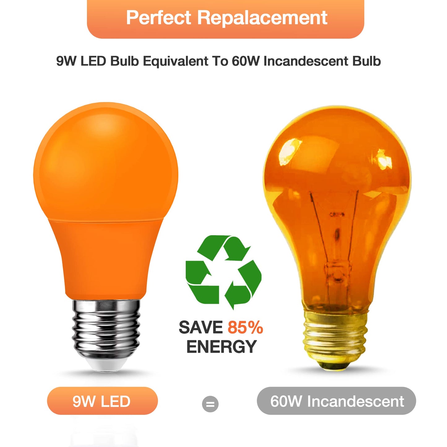 Flaspar Orange Light Bulbs Outdoor, A19 LED Halloween Light 60W Equivalent, 9W E26 Bulb for Porch, Party, Christmas Decor, Not-Dimmable, 4 Pack