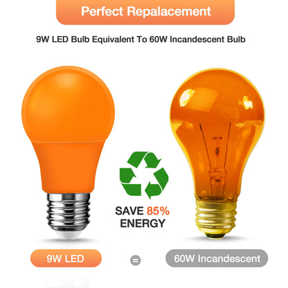 Flaspar Orange Light Bulbs Outdoor, A19 LED Halloween Light 60W Equivalent, 9W E26 Bulb for Porch, Party, Christmas Decor, Not-Dimmable, 4 Pack