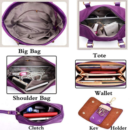 FiveloveTwo Women Ladies 6 Pcs Handbag Set Hobo Top Handle Bag Totes Satchels Crossbody Shoulder Bags and Purse Clutch Purple