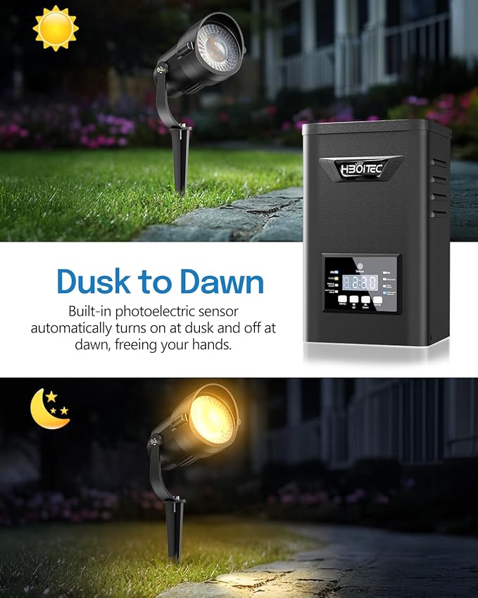 HIBOITEC Low Voltage Landscape Lighting 1200LM 12W with Connectors 200W Transformer Photocell Sensor and Timer Spotlights Landscape Lights Kit IP65 Waterproof 2700K for House Yard Trees 12 Packs
