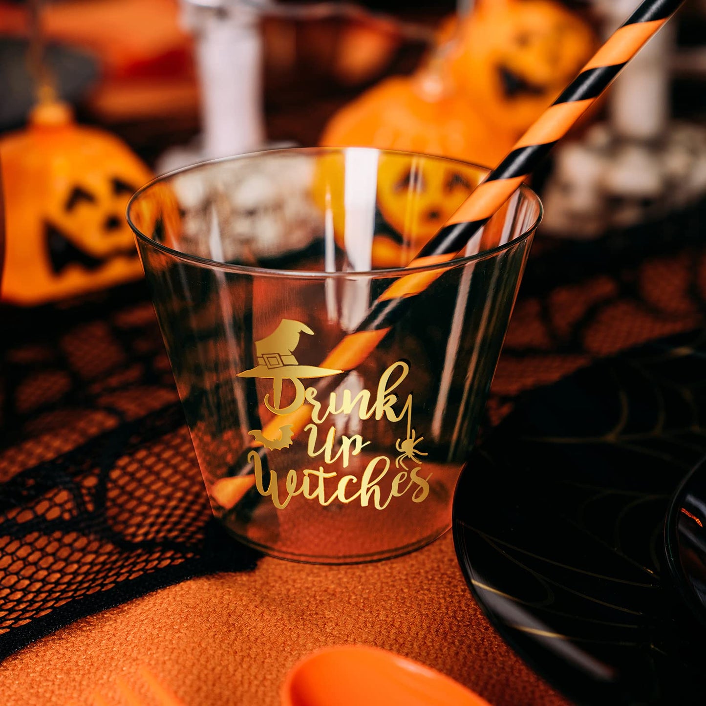 ISFANGCO 150PCS Plastic Spoof Black Dinnerware Set for 25 Guests with Gold Spider Web & Smiley Pumpkin,Heavy Duty Plastic Orange Disposable Cutlery,Gold Witch Printed Black Cups