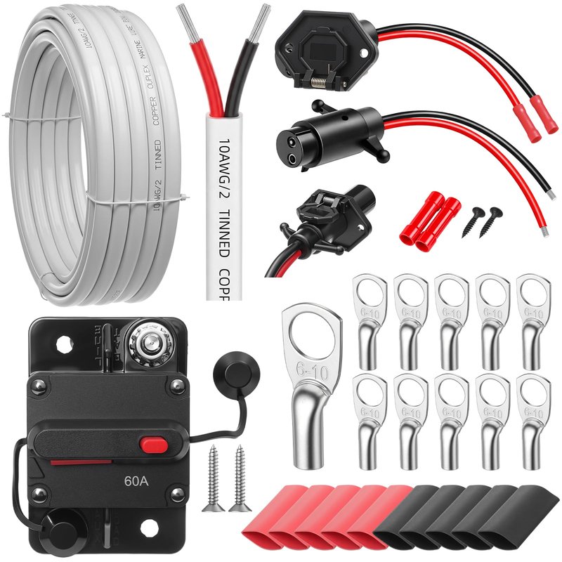 Saysurey 13 Pcs 10 Gauge 30ft Duplex Tinned Copper Marine Wire, 12v-24v 8 Gauge 2 Wire Trolling Motor Plug and 12v-48v 60amp Circuit Breaker and 4 Awg 3/8 Ring Marine Grade Copper Wires Lugs for Boat