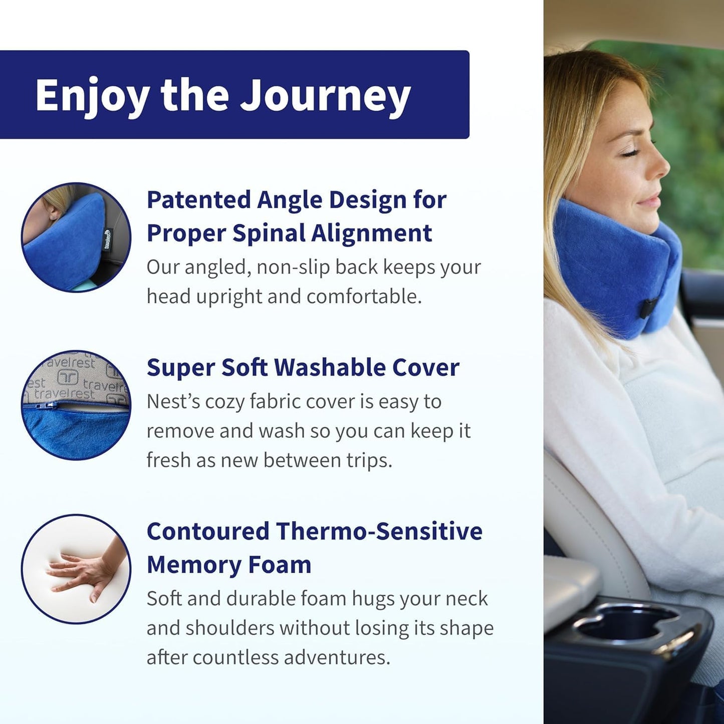 TRAVELREST Nest Neck Pillow Travel Essentials - Memory Foam Pillow and Patented Design, Support for Long Flights, Travel Accessories, Comfortable and Compact, Washable, Attaches to Luggage - Gray