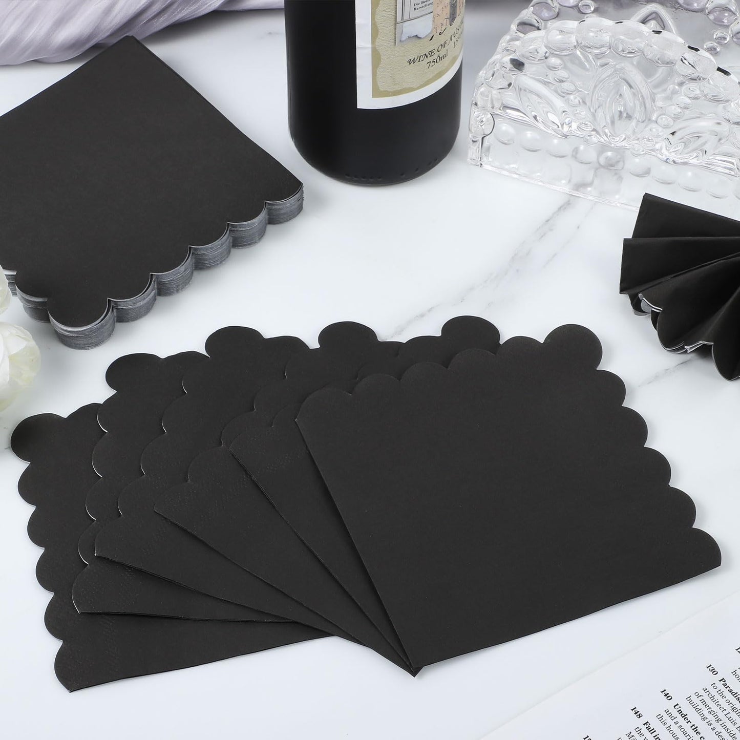 NatNarr 120 Pcs Cocktail Napkins Black Halloween Napkins Disposable Scalloped Bar Napkin Beverage Dessert Napkin for Halloween, Birthday, Coffee, Bar, Kitchen, 5 x 5 Inch