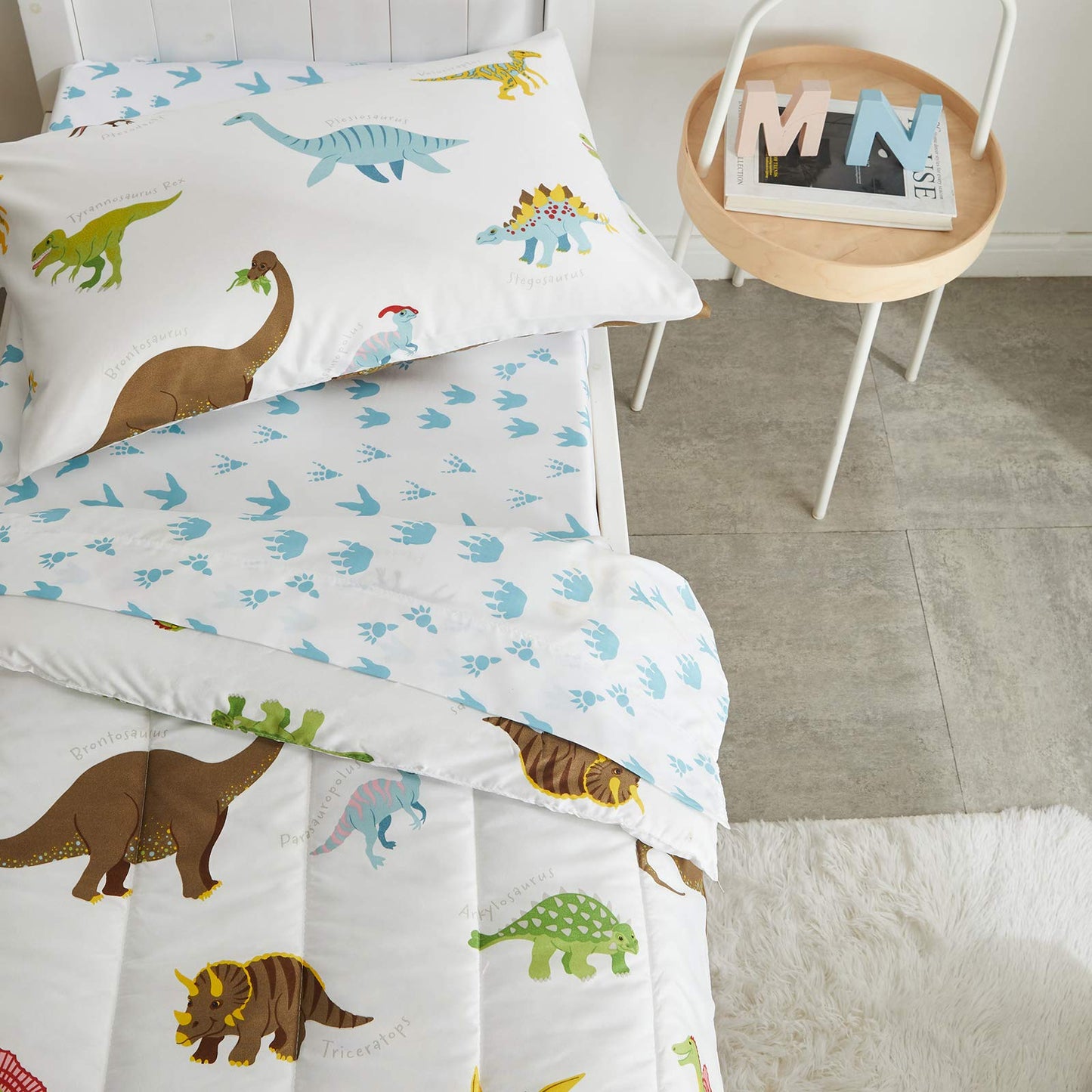 4 Pieces Toddler Bedding Set Dinosaur White with Colorful Dinos and Monsters Toddler Comforter Sheet Set for Autumu and Winter Includes Comforter, Flat Sheet, Fitted Sheet and Pillowcase