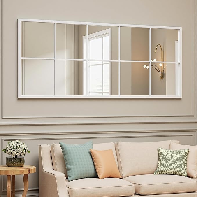 Full Length Mirror, 65"x24" Window Pane Mirror for Wall Decor, White Full Body or Wall Mounted Mirrors, Farmhouse Standing Mirrors Hanging or Leaning for Living Room, Entryway, No Stand