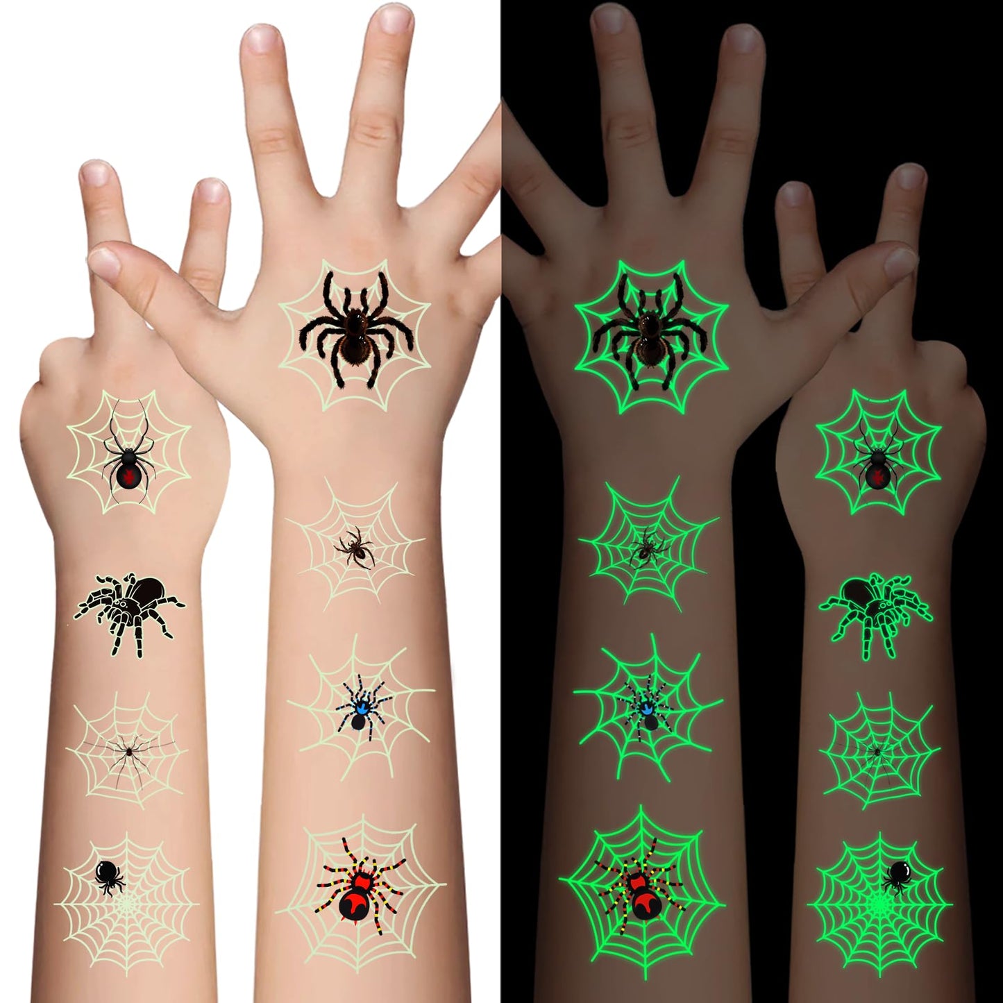 Awinmay Halloween Luminous Spider Temporary Tattoos for Kids - 10 Sheets Glow In The Dark Halloween Spider Web Tattoos for Boys and Girls, Halloween Cosplay Face Makeup Accessories Holiday Party Gifts