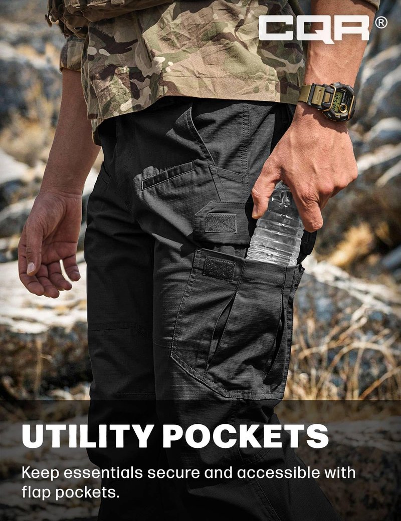 CQR Men's Tactical Pants, Water Resistant Ripstop Cargo Pants, Lightweight EDC Work Hiking Pants, Outdoor Apparel, Raider Black, 42W x 30L