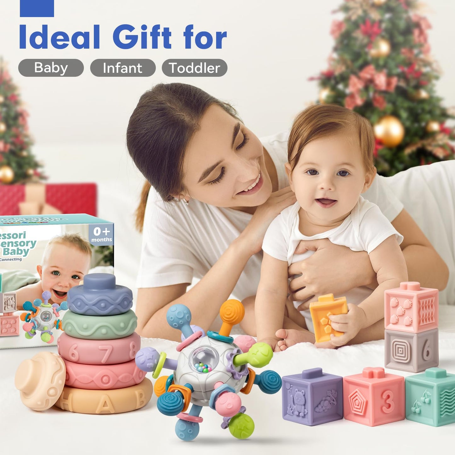 Baby Sensory Teething Toys Set, Montessori Baby Toys 6-12 Months, Incl Newborn Rattle Teether & Baby Blocks & Soft Stacking Rings, Ideal Babies Boy Girl Gifts, Infant Toys 0-3-6-9-12-18 Month