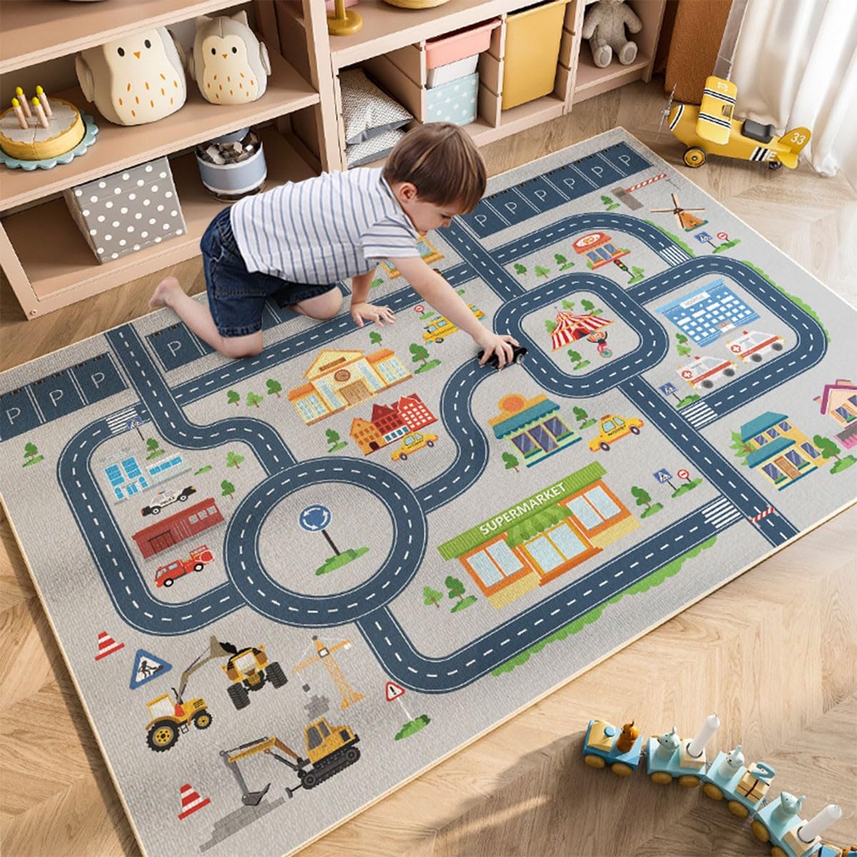 HOJOMACA Kids Rug Mat Carpet 5×7ft, Car Rugs for Kids Toy Cars, Non Slip Floor Mats for Children, Educational Area Play Rugs for Children's Playroom Bedroom