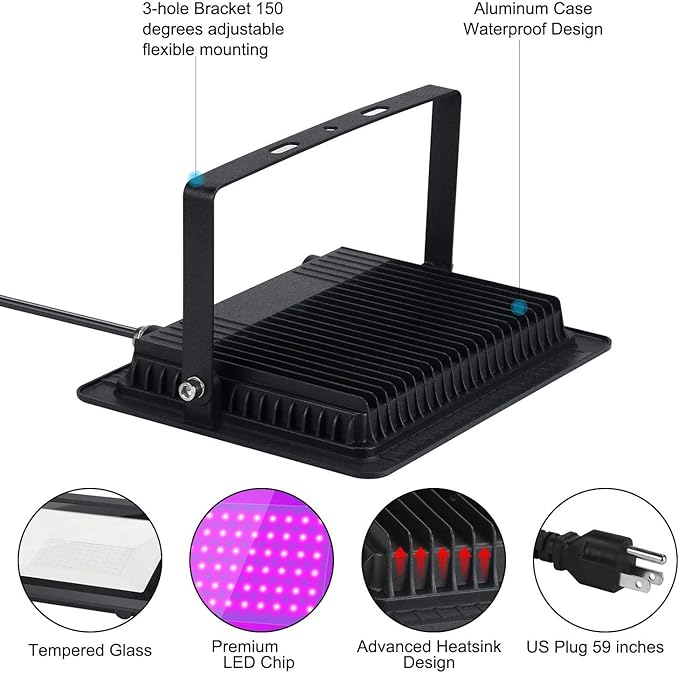 Black Lights HWay 200W LED Black Purple Lights Flood Light with Plug(6ft Cable) for Blacklight Party, Stage Lighting, Aquarium, Body Paint, Fluorescent Poster, Neon Glow in The Dark Night