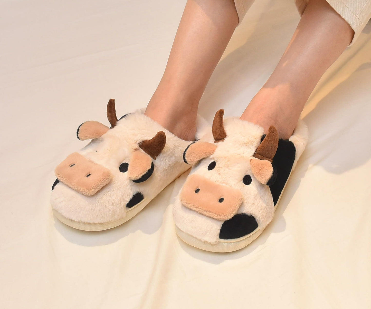 Boonble Fuzzy Cow Slippers for Women Men Adults, Fluffy Plush and Cozy House Shoes for Indoor Outdoor Bedroom, Warm Furry Cotton Slipper Open Heel for Winter Spring Fall 5.5-6.5