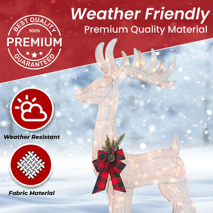 3-Piece White Fabric Reindeer Family - Lighted Deer Set - 210 Lights 52" Buck 44" Doe 28" Fawn - Large Deer Family for Indoor or Outdoor Christmas Decorations Yard Art