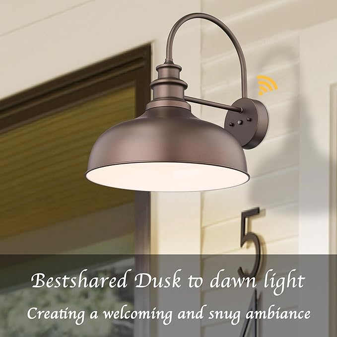 Bestshared Dusk to Dawn Gooseneck Barn Lights 16 Inch Dome Anti-Rust Farmhouse Outdoor Wall Sconce Outside Wall Mount Lighting Fixture Front Door Lantern Lamp for Patio(ORB+White,16” Dome-2Pack)