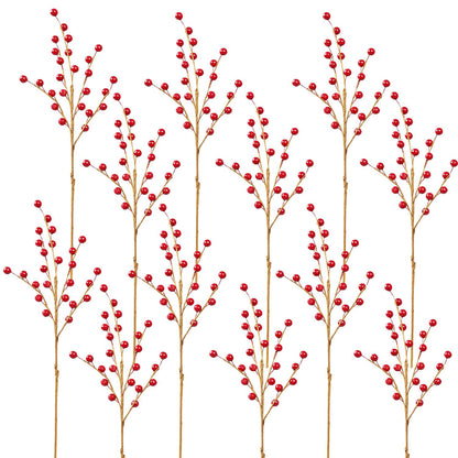 DR.DUDU 12 Red Holly Berry Stem Picks - Decorative Wire Stem Branch Sprays for Christmas Tree Decoration, Holiday Decor, Silk Flower Arrangements, Home DIY Crafts