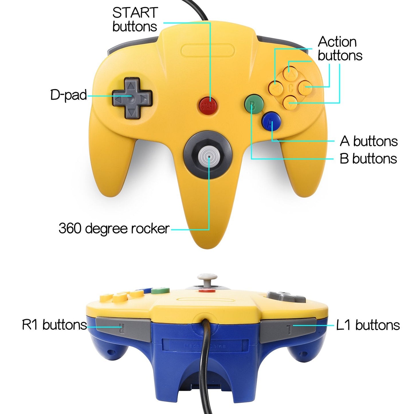 Classic N64 Controller, miadore Rerto N64 Gaming Remote Gamepad Joystick for N64 Console Video Game System ( Yellow and Blue)