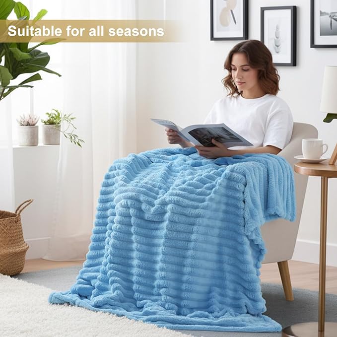 decorUhome Soft Fleece Blue Twin Blanket for Bed, Cozy Fluffy Plush Flannel Striped Throws for Couch Sofa, Lightweight Decorative Ribbed Fuzzy Blanket for Woman, 60x80 Inches