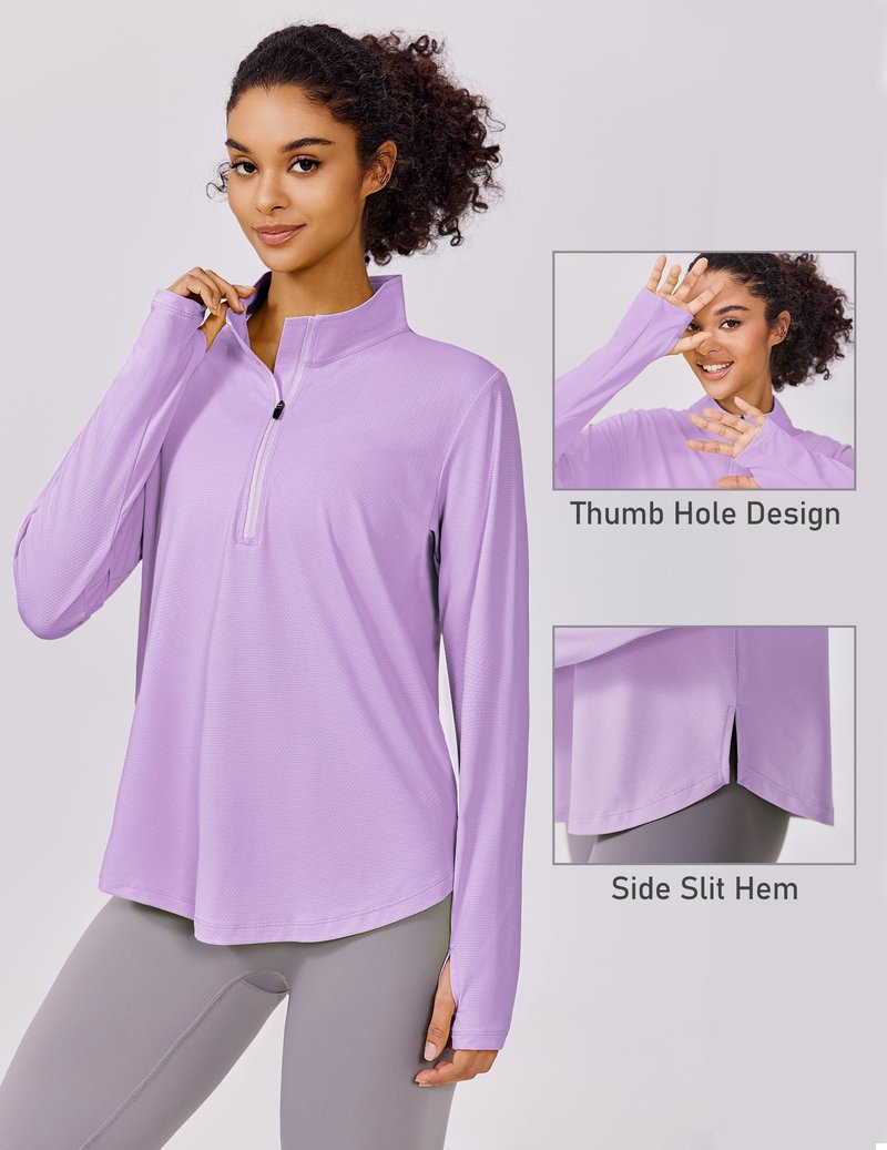 PINSPARK Women Long Sleeve Shirts Sun Protection Half Zip Hiking Clothes Lightweight Athletic Tops Moisture Wicking Running Shirts with Thumb Hole,Purple M
