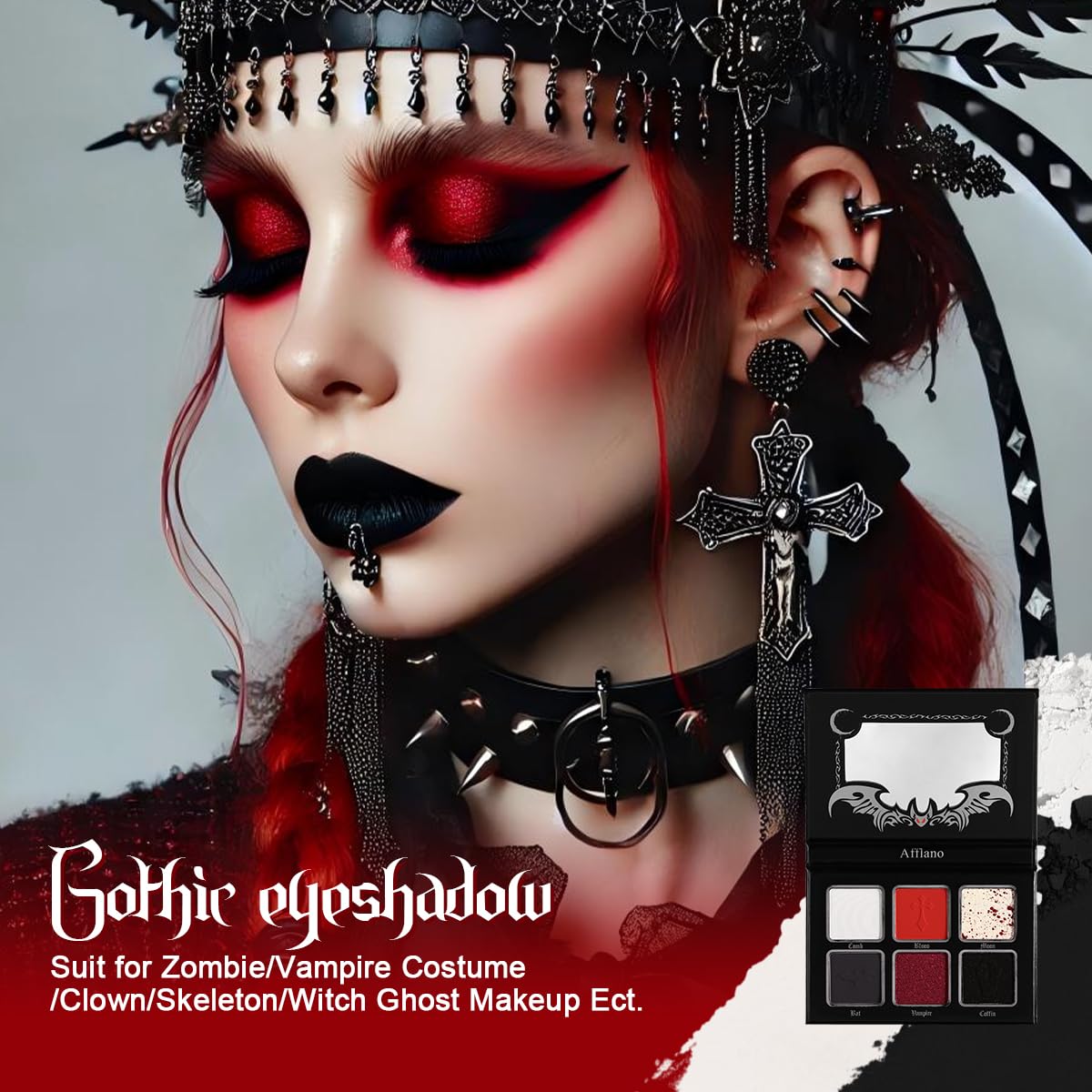 Black Red Eyeshadow Palette, Highly Pigmented True Red White Dark Grey Goth Smoky Eyeshadow Palette, 6 Color Matte Shimmer Burgundy Metallic Halloween Makeup Palette for Zombie Vampire Clown,Blendable