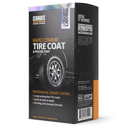 CERAKOTE Rapid Ceramic Tire Coat – Showroom New Tire Shine – Deep Tire Black Finish – Lasts Up to 10x Longer – No Sling, Non-Greasy Ceramic Tire Coating for Car, Truck & SUV – Easy Application (10oz)