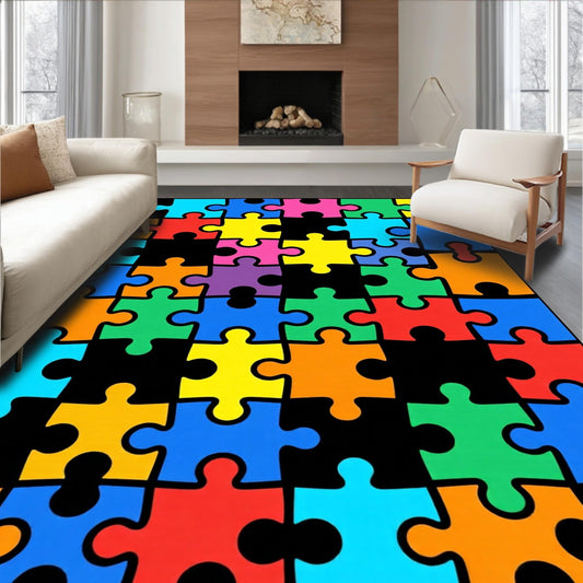 Design&I Low Pile Flatwoven Area Rug 8x10, Colorful Puzzle Mosaic with Interlocking Shapes and Bold Lines, Machine Washable, Stain Resistant Indoor Rug for Living Room, Bedroom, Non Slip(Blue, 8x10)