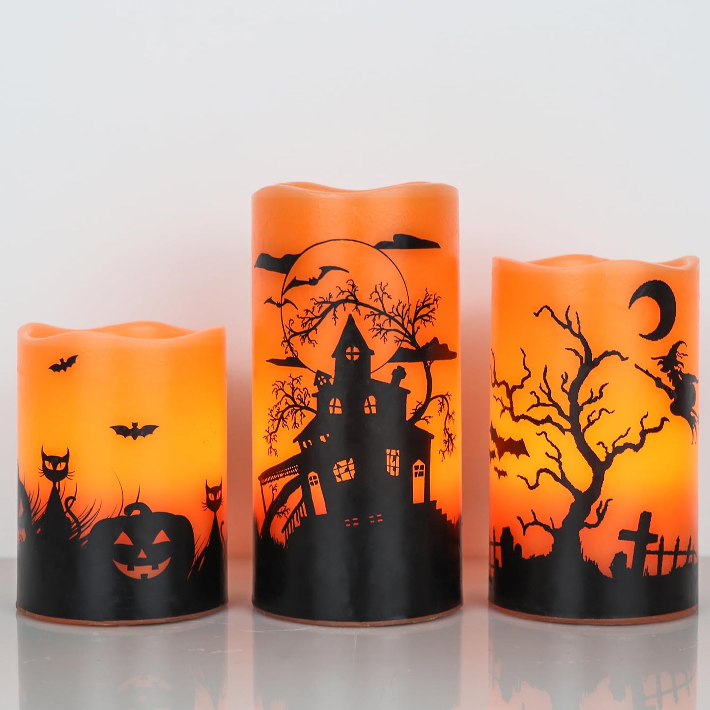 GenSwin Halloween Candles with Timer, Flickering Flameless Candles Battery Operated, 3 Pack Real Wax Pillar Candles for Halloween Home Decorations(D3” x H4”5”6”)