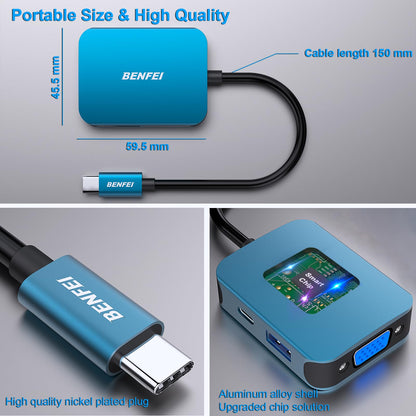 BENFEI USB C HUB, USB Type-C to HDMI VGA Adapter, USB C to USB Adapter, USB Type-C Power Delivery, Compatible for MacBook Pro 2021/2020/2019,Surface Book 2, Dell XPS 13/15, Pixelbook and More
