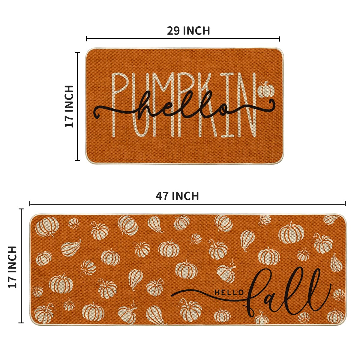 Artoid Mode Orange Hello Pumpkin Fall Kitchen Mats Set of 2, Autumn Home Decor Low-Profile Kitchen Rugs for Floor - 17x29 and 17x47 Inch