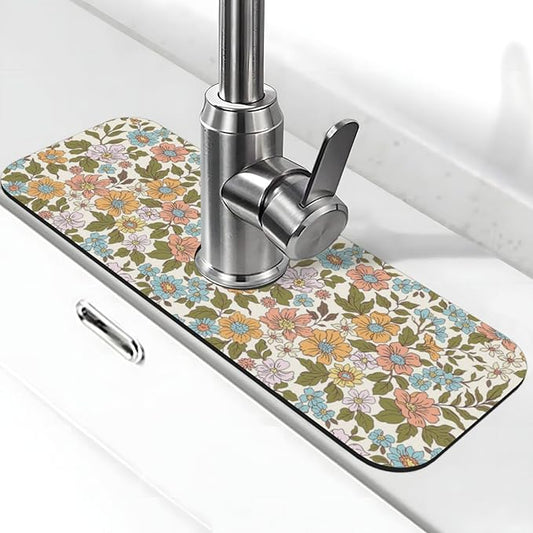 Faucet Draining Mat For Kitchen Sink, Colorful Flowers Floral Diatom Mud