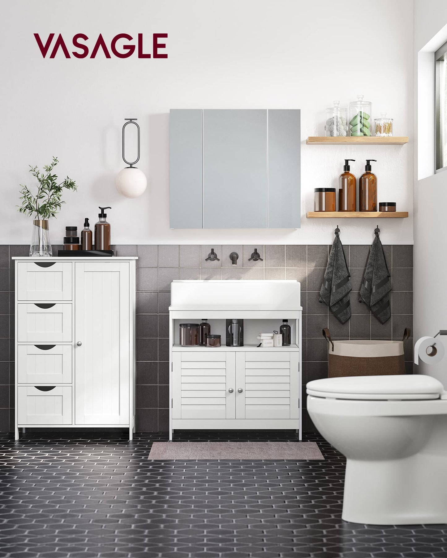 VASAGLE Bathroom Floor Storage Cabinet, Wooden Storage Unit with 4 Drawers, Single Door, Adjustable Shelf, for Living Room, Kitchen, Entryway, White LHC41W