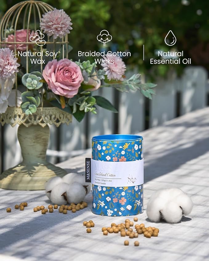 M&SENSE Sea Island Cotton Scented Candle, Medium Jar Candle 11.3oz Natural Soy Wax for Home Scented, Floral Candles Gift for Spring Holiday, Up to 70 Hours Burning Long-Lasting Fragrance
