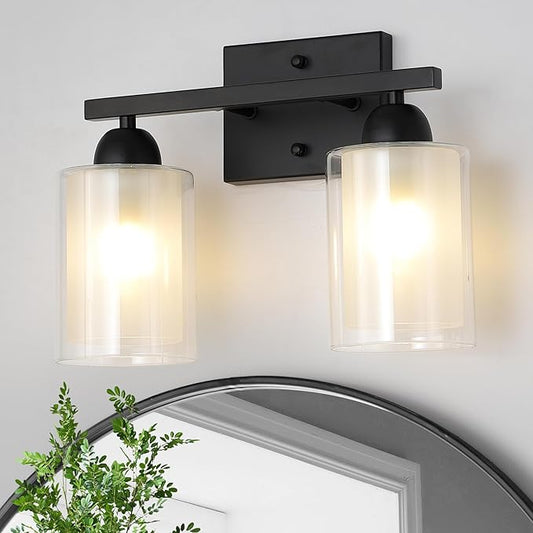 Matte Black Bathroom Vanity Light Over Mirror, 2 Light Bathroom Light Fixtures with Milk Glass and Clear Glass Shades, Modern Vanity Lighting Wall Mount