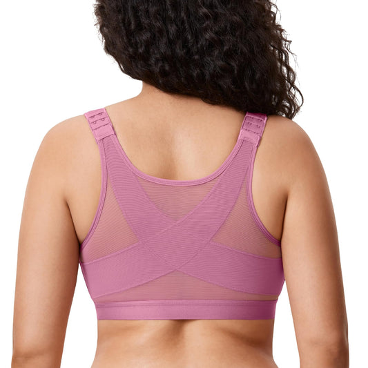 DELIMIRA Women's Full Coverage Front Closure Wire Free Back Support Posture Bra Brown Rose 40DD