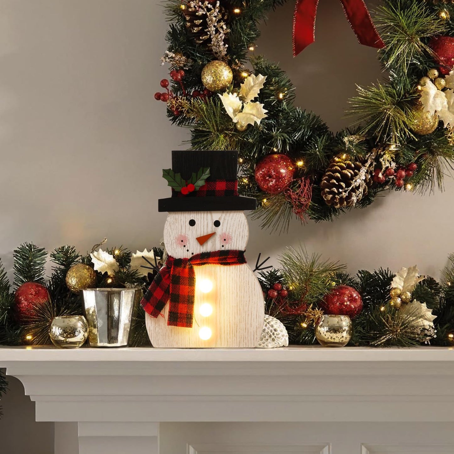 Christmas Decorations for Home LED Lighted Snowman Decor with Timer Farmhouse Merry Christmas Sign Wooden Rustic Red Plaid Scarf Tabletop Xmas Holiday Signs Party Indoor Room