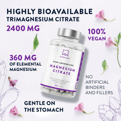 Aavalabs Magnesium Supplements for Women and Men - 2400mg per Daily Dose - (360mg Elemental) - 180 Magnesium Citrate Capsules - 3 Capsules Per Day - Vegan
