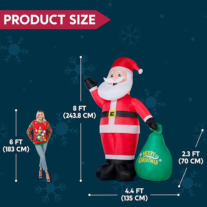JOYIN 8FT Tall Christmas Inflatable Santa Outdoor Decoration for Yard, Blow Up Santa Decor Holding Gift Bags with Build-in LEDs for Xmas Party Decor Yard Outside Garden Holiday Decoration