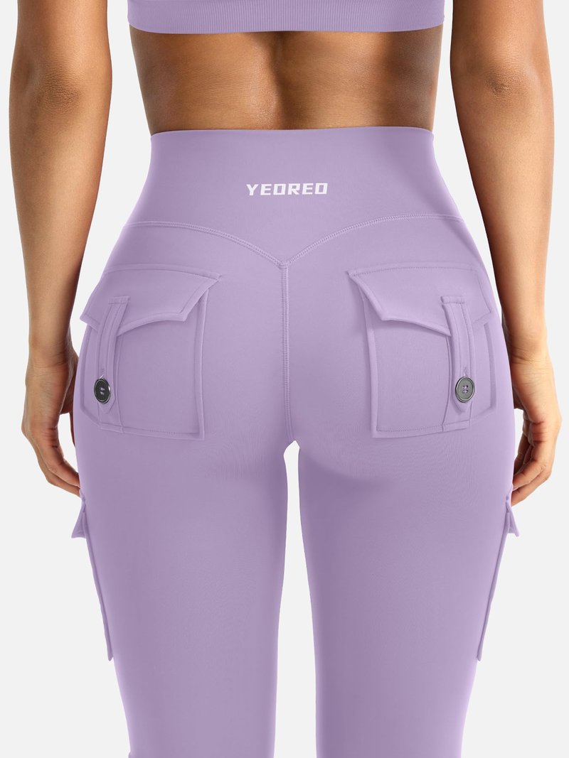 YEOREO CoreFlex Women Workout Flare Leggings with Pockets Hidden Scrunch High Waisted Cargo Gym Yoga Leggings Fog Purple XXL
