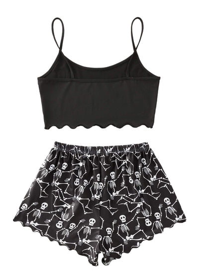 SweatyRocks Women's Summer Cute Printed Cami Top and Shorts Pajamas Set Sleepwear Skull Black M