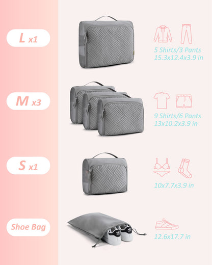 BAGSMART Quilted Packing Cubes for Travel, 6 Set Packing Cubes for Suitcases, Lightweight Travel Cubes (1 L+3 M+1 S+1 Shoe Bag) Suitcases Organizer, Grey
