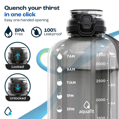 AQUAFIT 1 Gallon Water Bottle with Time Marker - Straw & Chug Lid - BPA Free Gym Water Bottle with Straw - Big Gallon Jug (Gray, 128 oz - 2in1 Lid)