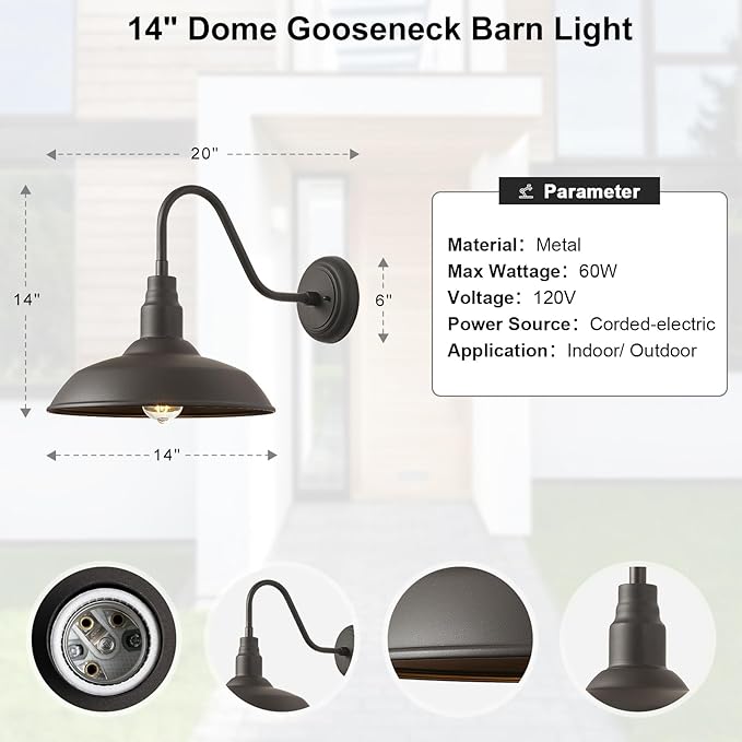 14in Dome Outdoor Gooseneck Lights for Barn, Dark Bronze Exterior Farmhouse Light Fixture with Wall Mount, Outside Goose Neck Wall Sconce for Patio, Porch, Entryway