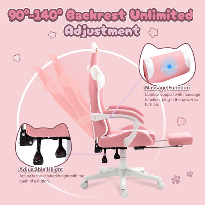 Dowinx Gaming Chair Cute with Cat Ears and Massage Lumbar Support, Ergonomic Computer Chair for Girl with Footrest and Headrest, Comfortable Reclining Game Chair 290lbs for Adult, Teen, Pink