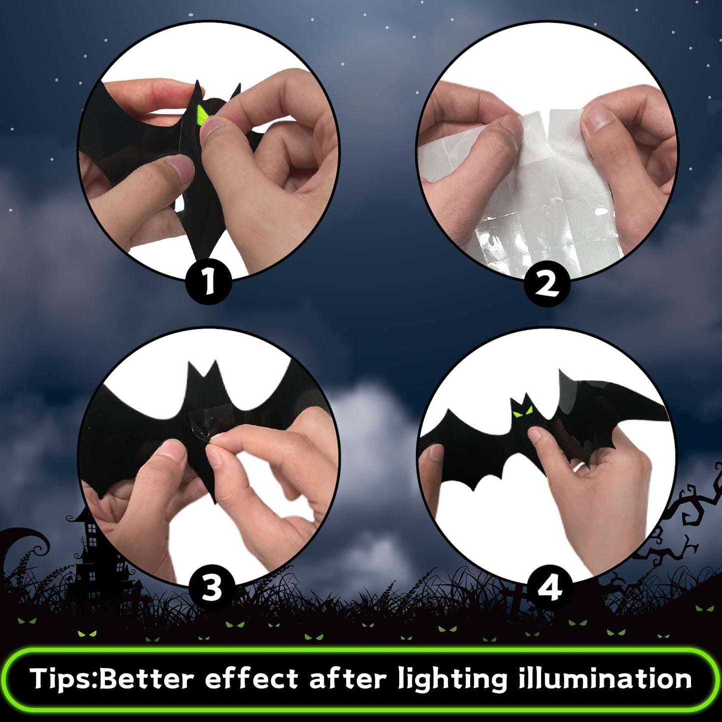 Halloween Decorations - 56 Pcs Spooky 3D Bats With Glow Eyes for Indoor Outdoor Party Decor - Plastic Scary Gothic Stickers for Bathroom Kitchen Home Room Wall