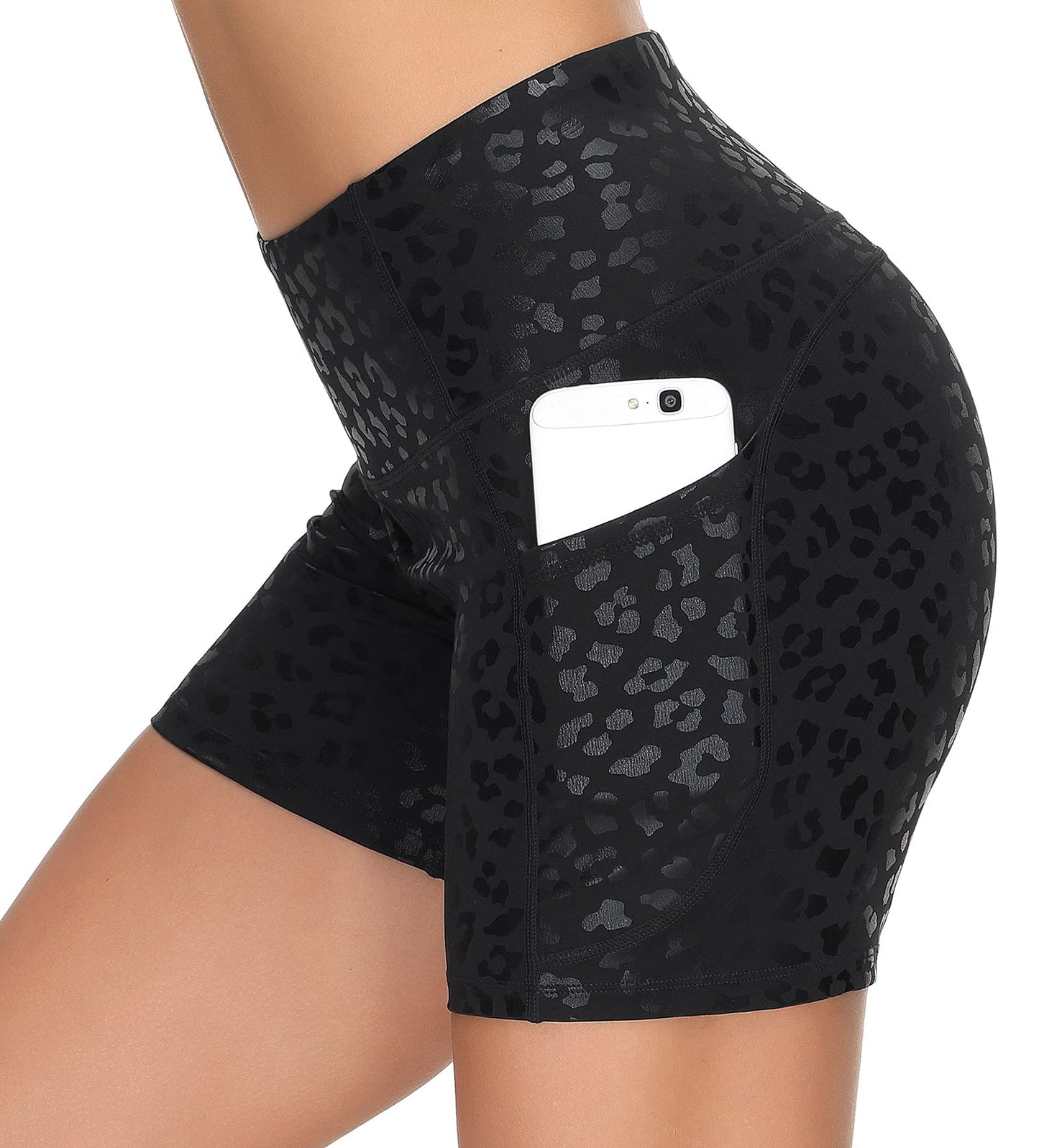 Dragon Fit High Waist Yoga Shorts for Women with 2 Side Pockets Tummy Control Running Home Workout Shorts (Medium, Black Leopard)